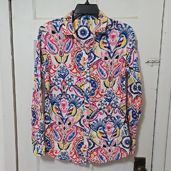 J. McLaughlin Lois Boho PAISLEY Floral BUTTON Womens Collared SHIRT TOP BLOUSE S - Picture 1 of 7